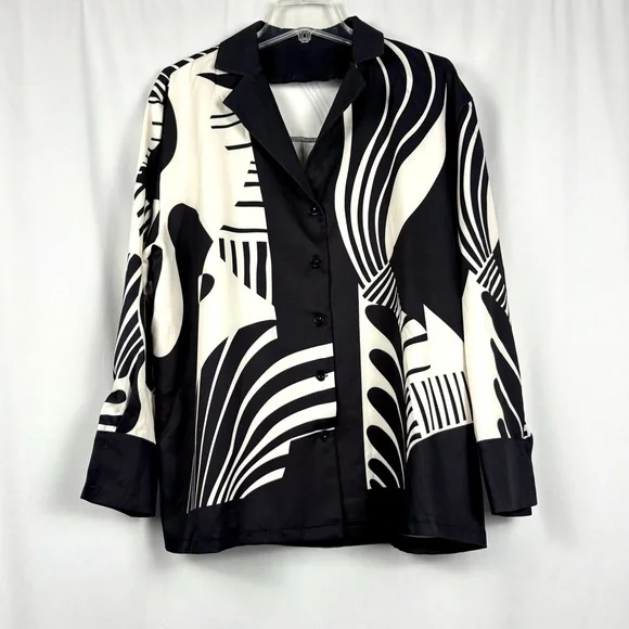 Two Piece Black And Cream Long Sleeve Pantsuit with Abstract Print - Picture 2 of 10